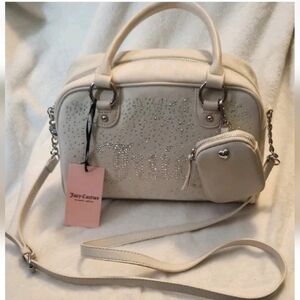 Juicy Couture Let It Shine White Bowler Handbag Crossbody Mini Pouch Rhinestones